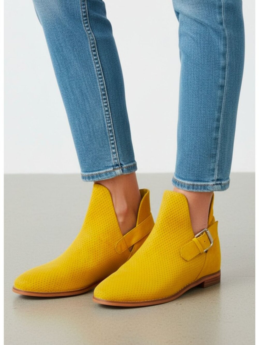 Khaki Perforated Faux Suede Pointed-Toe Ankle Boots With Buckle Strap Low Heel D